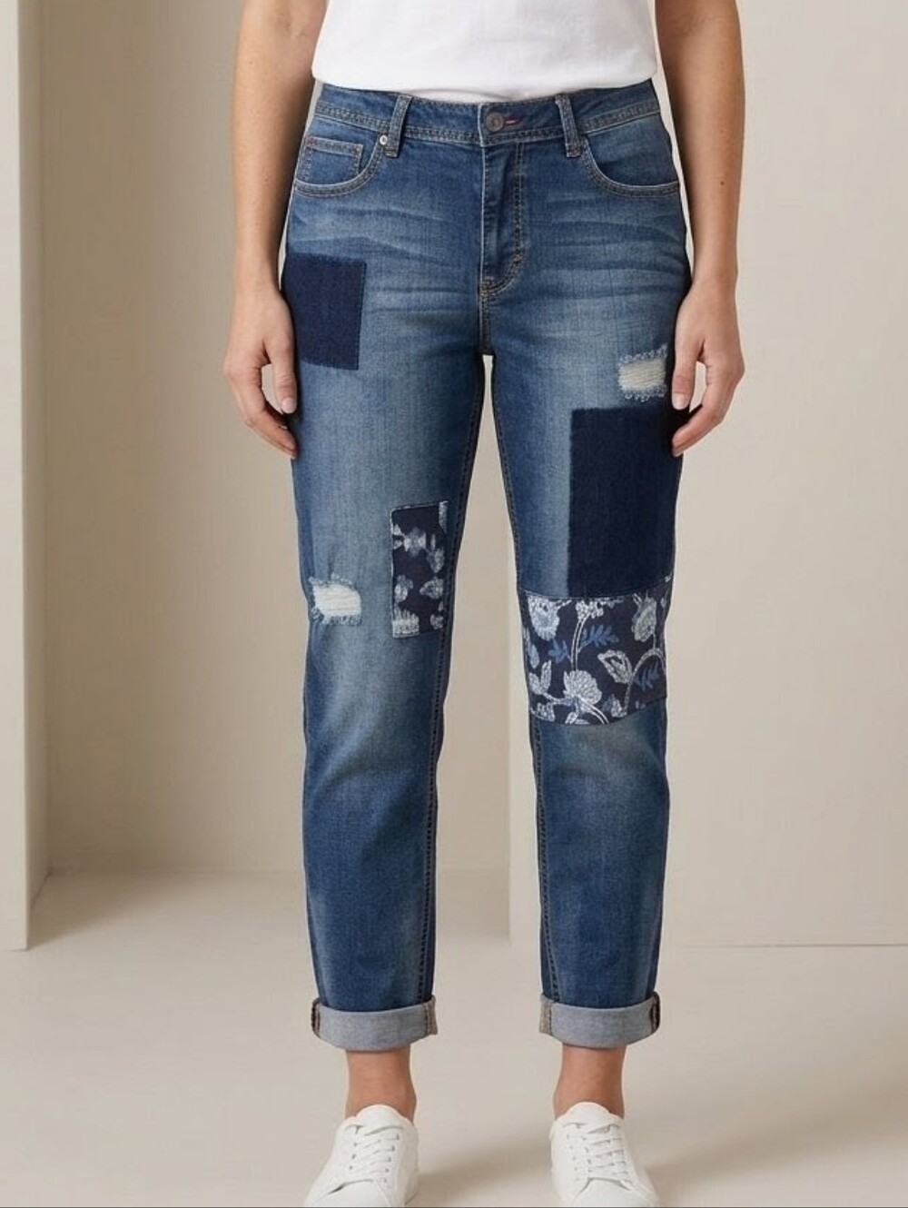 EV1 Relaced Fit, Distressed, Floral Patchwork Ankle Jeans